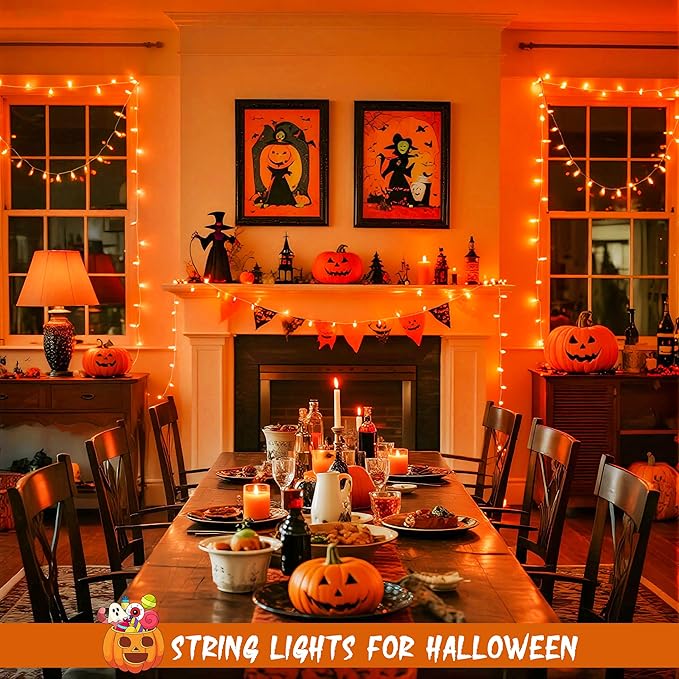 JMEXSUSS 4 Pack 50 LED Battery Operated String Lights Orange, Each 16.5ft Halloween String Lights with Timer, 8 Modes Orange Halloween Light Indoor Outdoor for Garland Party Fall Decoration