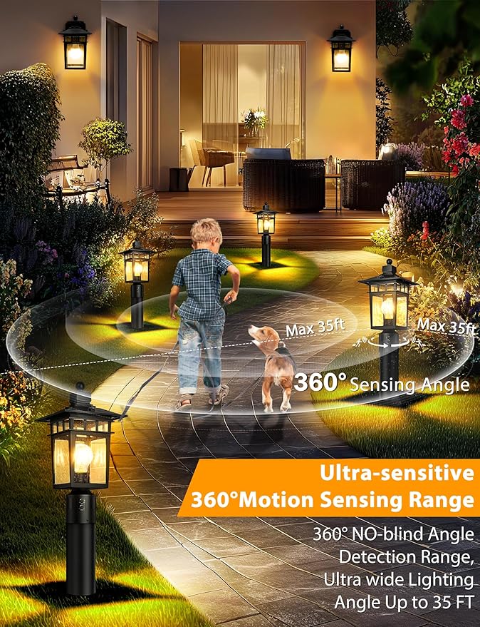360° Motion Sensor Outdoor Post Lights, 4 Lighting Modes Lamp Post Light Fixture Dusk to Dawn, Waterproof Aluminum Black Pole Light Post Outdoor Lighting for Outside Garden Fence Yard,Hard Wired
