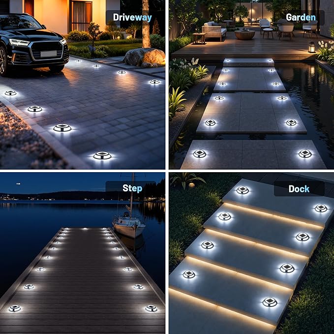 Solar Driveway Lights, 8 Pack Heavy Duty Driveway Lights Solar Powered 2 Color Mode (Cool/Warm White) IP68 Waterproof Outdoor Solar Deck Lights with Ground Stake for Pathway Garden Yard Walkway Dock