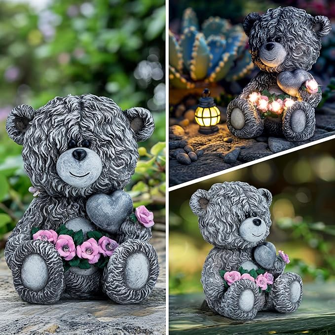 Solar Garden Outdoor Statues Bear with Heart and Pink Flower and 5 LED Lights-Lawn Decor Bear Statue for Patio, Balcony, Yard Ornament-Unique Housewarming Gifts for Mom, Women
