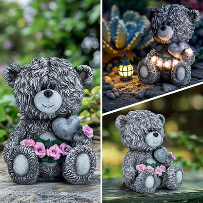 Solar Garden Outdoor Statues Bear with Heart and Pink Flower and 5 LED Lights-Lawn Decor Bear Statue for Patio, Balcony, Yard Ornament-Unique Housewarming Gifts for Mom, Women