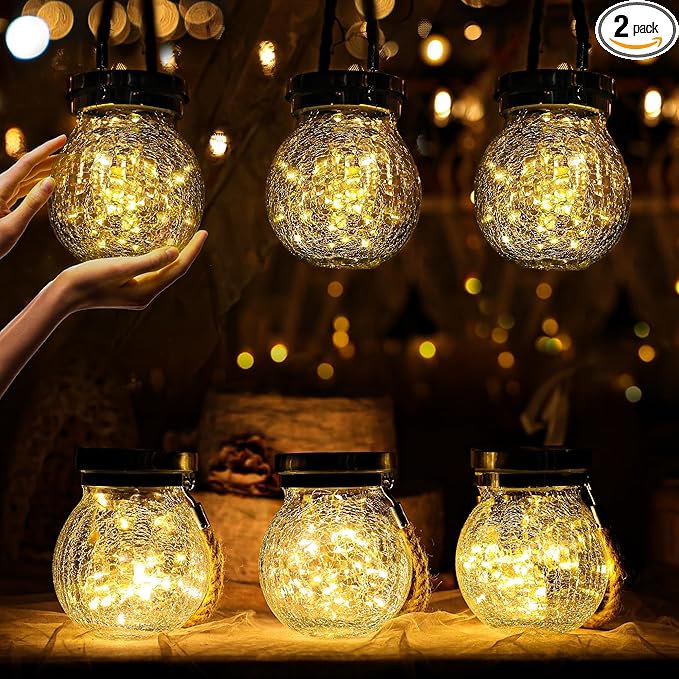 Cooo Gifts for her him 2 Pack Solar Lanterns Waterproof Outdoor Heavy Crackle Glass 30 LED Warm Firefly Lights Stainless Steel Lid 215% Solar for Women Mom Grandma Outdoor Lamps Garden Yard Decor