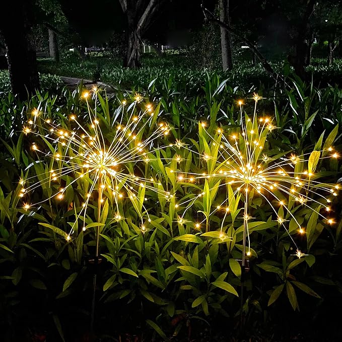 JJGoo Solar Firework Lights, 4 Pack 120 LEDs 2 Lighting Modes Solar Garden Lights Outdoor Waterproof for Yard Patio Walkway Pathway Party Wedding Christmas Decorative - Warm White