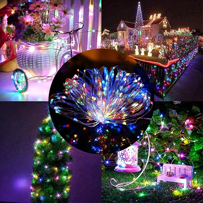 Twinkle Star Christmas Fairy Lights Battery Operated, 33ft 100 LED Waterproof Silver Wire String Light, Remote Control & 8 Modes Indoor Outdoor Xmas Tree Wedding Party Decorations, Multicolor, 1 Pack