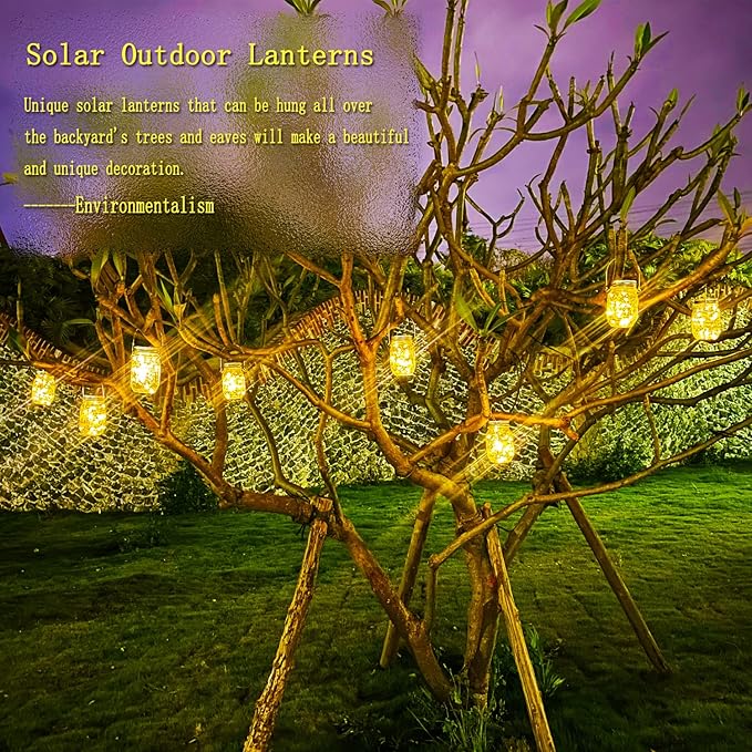 Cooo Gift for him her 9 Pack Solar Lanterns Outdoor Waterproof Upgraded Crystal Glass Solar Mason Jar Lights 30 LED 215% Larger SolarPanel, Anti-Rust Lid Hanging Outdoor Lanterns for Patio Garden