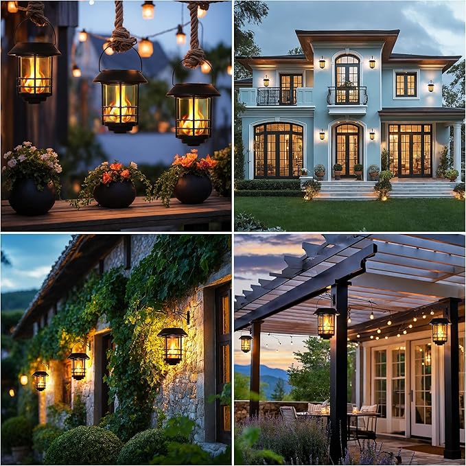 Otdair Solar Lanterns Outdoor Waterproof, 2 Pack Flickering Flames Wall Garden Decor with Glass Shade, Hanging Solar Lights Wall Mount Decorations for Halloween, Front Porch, Patio, Yard