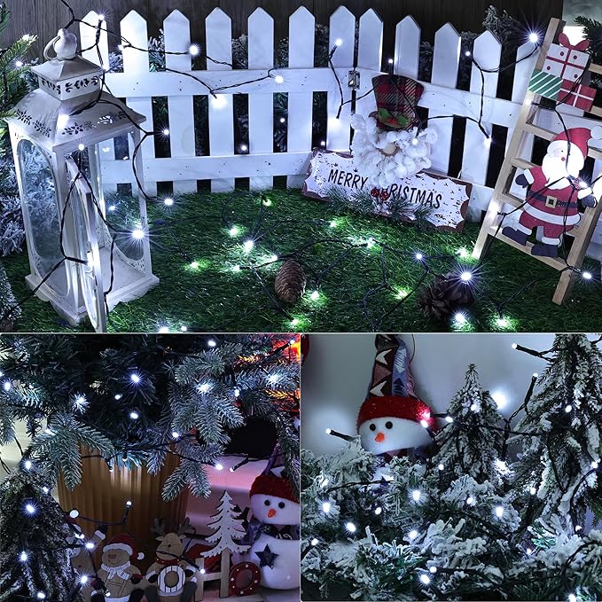 Lomotech Battery Operated Christmas Lights - 2 Pack Total 33ft 100LEDs String Lights 8 Modes Waterproof with Timer for Home, Garden, Party, Holiday, Tree Decoration (Green Wire, White）