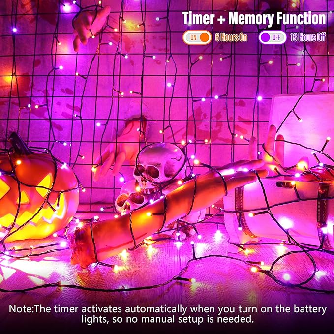 Lomotech Battery Operated Halloween Lights - 2 Pack Total 33ft 100 LED Orange Purple Battery Lights 8 Modes Waterproof with Timer for Home, Garden, Party, Holiday, Tree Decoration (Black Wire)