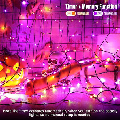 Lomotech Battery Operated Halloween Lights - 2 Pack Total 33ft 100 LED Orange Purple Battery Lights 8 Modes Waterproof with Timer for Home, Garden, Party, Holiday, Tree Decoration (Black Wire)
