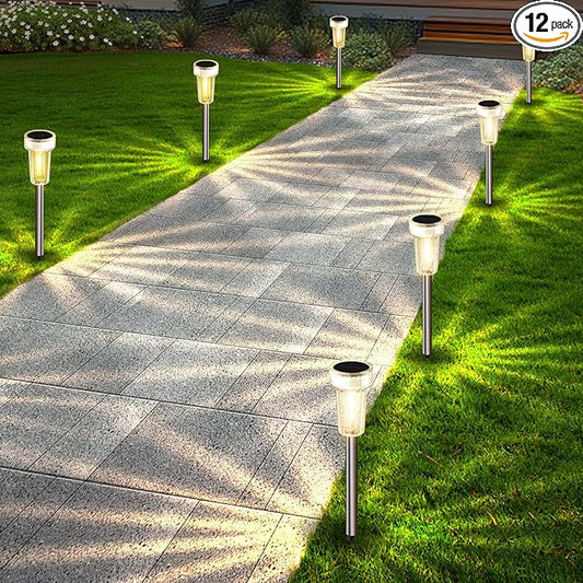 DERAYSION 12 Pack Solar Pathway Lights Outdoor, Auto Dusk-to-Dawn Landscape Garden Lighting, Waterproof Stainless Steel Pole Lighting for Path, Yard, Walkway, Garden, Driveway