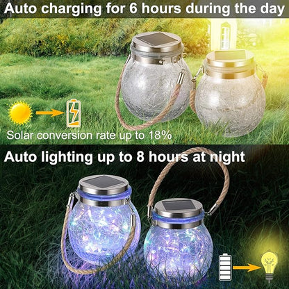Solar Hanging Lanterns Outdoor Waterproof, Table Lamps Decorative Cracked Glass Jar 30 LED Lights for Garden Tree Court Yard Patio Pathway Christmas Day Holiday Party Decoration (2, Colors)