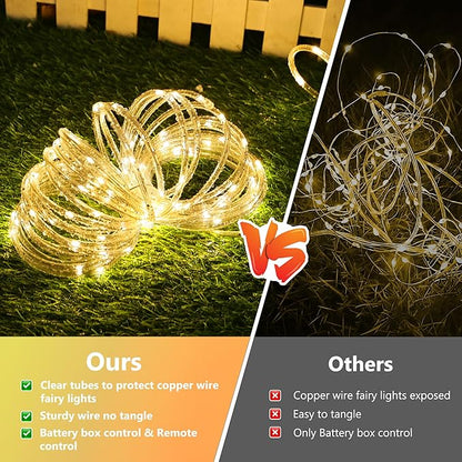 Jnaurb Battery Operated Rope Lights for Outside, 33FT 100LED 8 Modes Battery Operated String Lights, Waterproof Christmas Fairy Light with Remote for Outdoor Indoor Patio Xmas Party Decor - Warm White