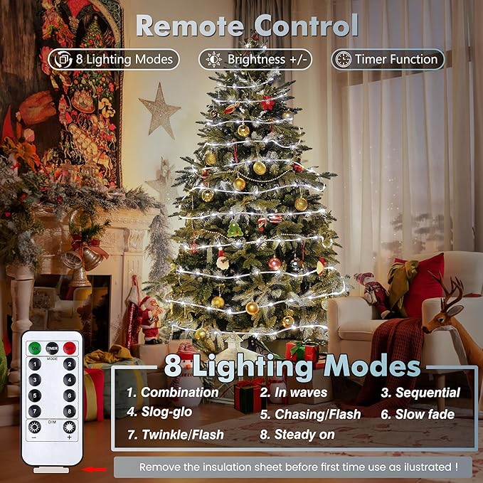 Jnaurb Battery Operated Rope Lights for Outside, 33FT 100LED 8 Modes Battery Operated String Lights, Waterproof Christmas Fairy Light with Remote for Outdoor Indoor Patio Xmas Party Decoration - White
