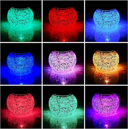 Solar Powered Color Changing Mosaic Crackle Glass Table Lamp - Waterproof LED Night Light for Bedroom, Yard, Patio, Halloween, Christmas Decorations (Crackle Glass, White)