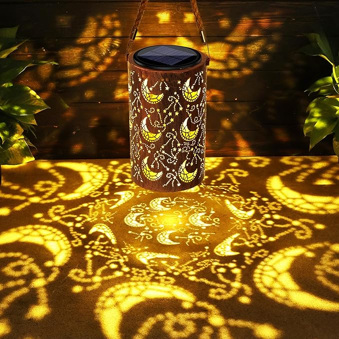 Toodour Solar Lantern Outdoor, Hanging Solar Outdoor Lights Garden Decor, Waterproof Hollow Out Retro Metal Moon Decorative Lights for Patio, Balcony, Yard, Walkway, Landscape, Outdoor Decor