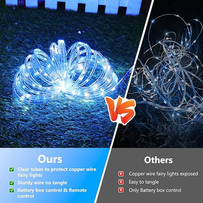 Jnaurb 2-Pack Battery Operated Rope Lights for Outside, Total 66FT 200LED 8 Modes Battery Operated String Lights, Waterproof Christmas Fairy Light with Remote for Outdoor Indoor Xmas Decor -White Blue