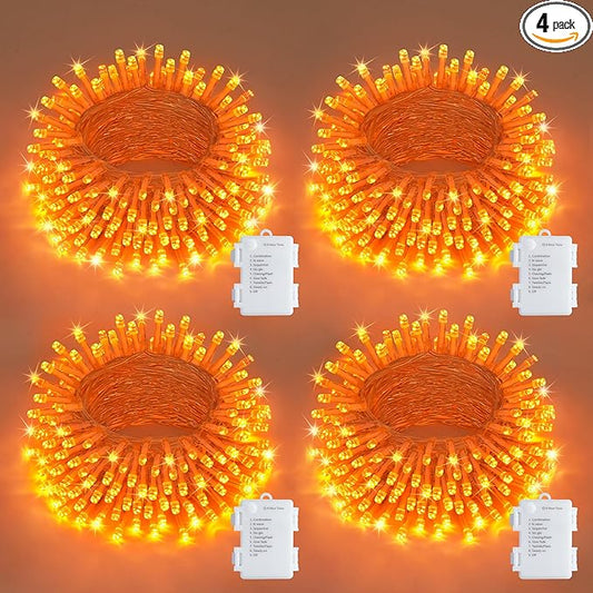 JMEXSUSS 4 Pack 50 LED Battery Operated String Lights Orange, Each 16.5ft Halloween String Lights with Timer, 8 Modes Orange Halloween Light Indoor Outdoor for Garland Party Fall Decoration
