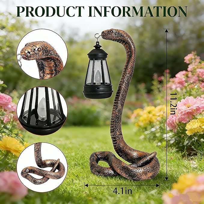 Solar Garden Outdoor Statues Snake with Solar Lights Outdoor Chrismtas Decorations - Lawn Decor Snake Statue for Patio, Balcony, Yard Ornament - Unique Housewarming Gifts（11.22" Brass Color