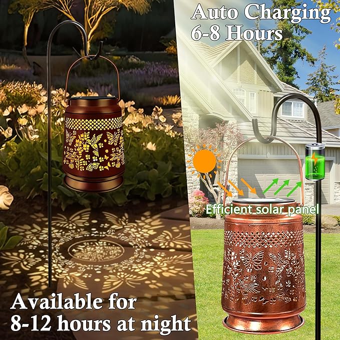 KY&BOSAM Solar Lanterns Outdoor Waterproof Hummingbird & Butterfly Lantern Garden Decor Birthday Gift for Women Mom Metal Hanging Solar Light LED Decorative for Patio Yard Lawn Backyard Front Porch