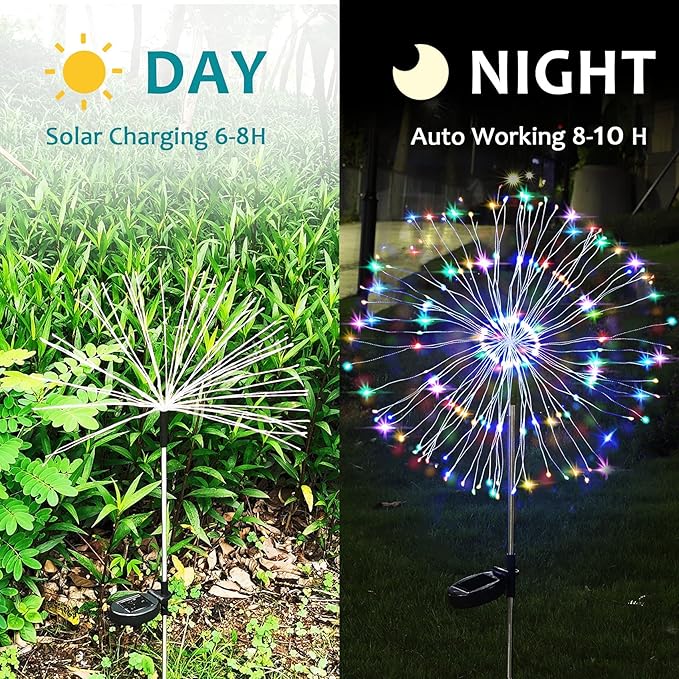 JJGoo Solar Firework Lights, 2 Pack 150 LEDs 2 Lighting Modes Solar Lights Outdoor Waterproof for Garden Patio Walkway Pathway Party Wedding Christmas Decorative - Mixed Color