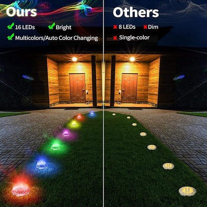 Brizled 12 Pack Color Changing Solar Ground Lights, 16 LED Outdoor Pathway Lights Landscape Lighting, Multicolor Solar Disk Light, Waterproof Disc Puck Light for Pathway Garden Yard Lawn Walkway Decor