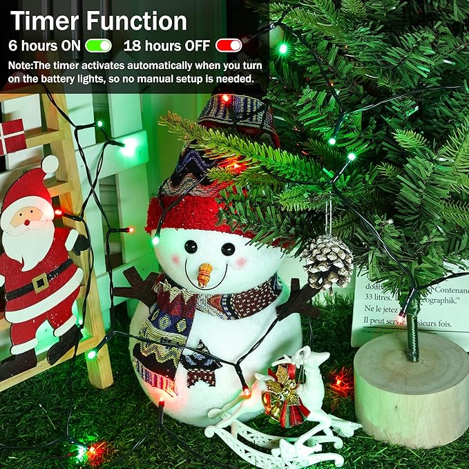 Lomotech Battery Operated Christmas Lights - 4 Pack Total 66ft 200LEDs String Lights 8 Modes Waterproof with Timer for Home, Garden, Party, Holiday, Tree Decoration (Green Wire, Red & Green）