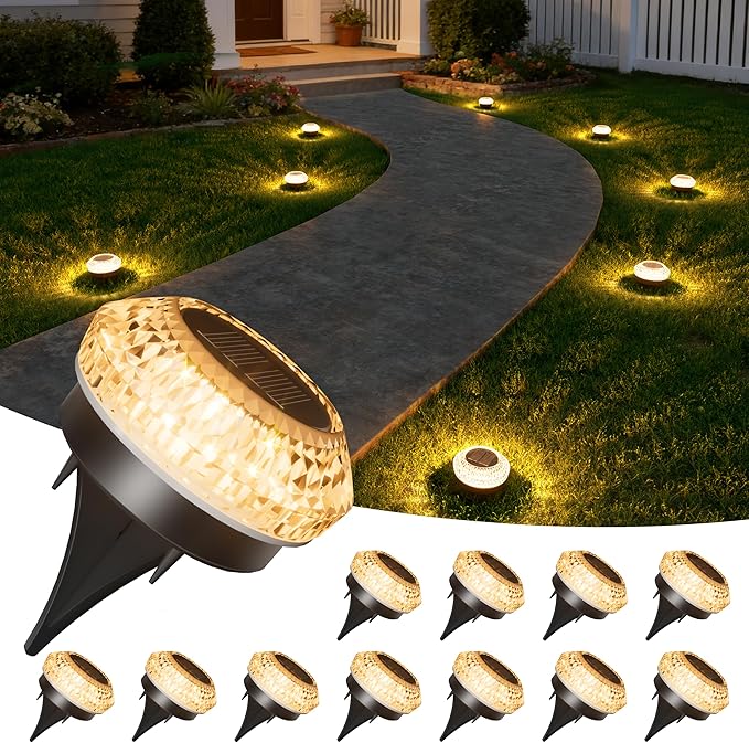 12-Pack Warm White In-Ground Solar Lights, Flat LED Driveway