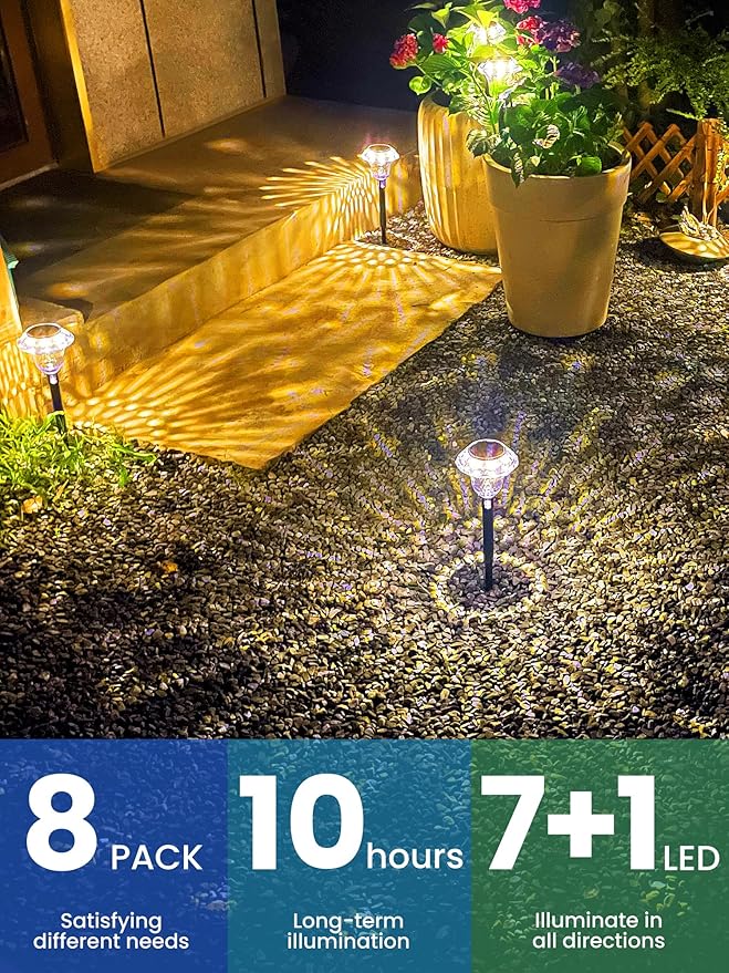 Solar Walkway Path Lights 8-Pack, Waterproof