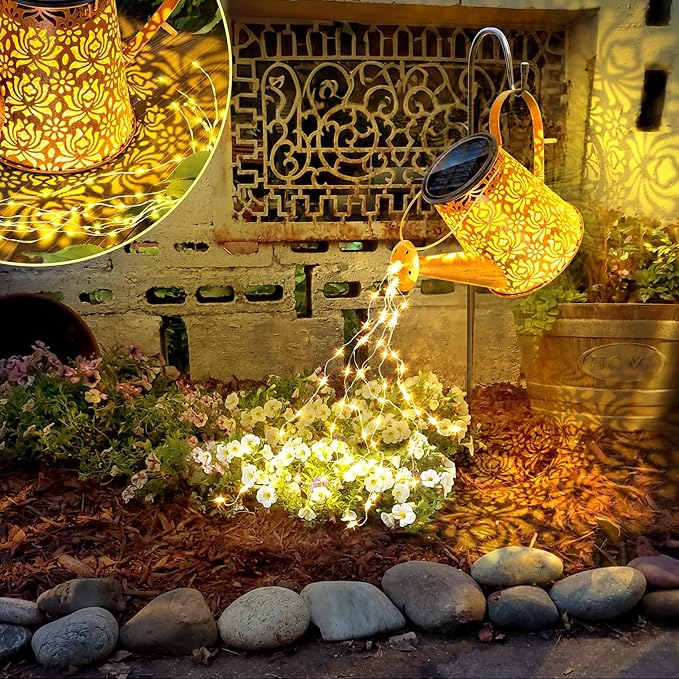 Anordsem Solar Watering Can Lights: Metal Lotus Lantern Outdoor with Hook - Waterproof Garden Art Hanging Decoration for Yard Patio Lawn - Christmas Birthday Gifts for Women Mom Grandma