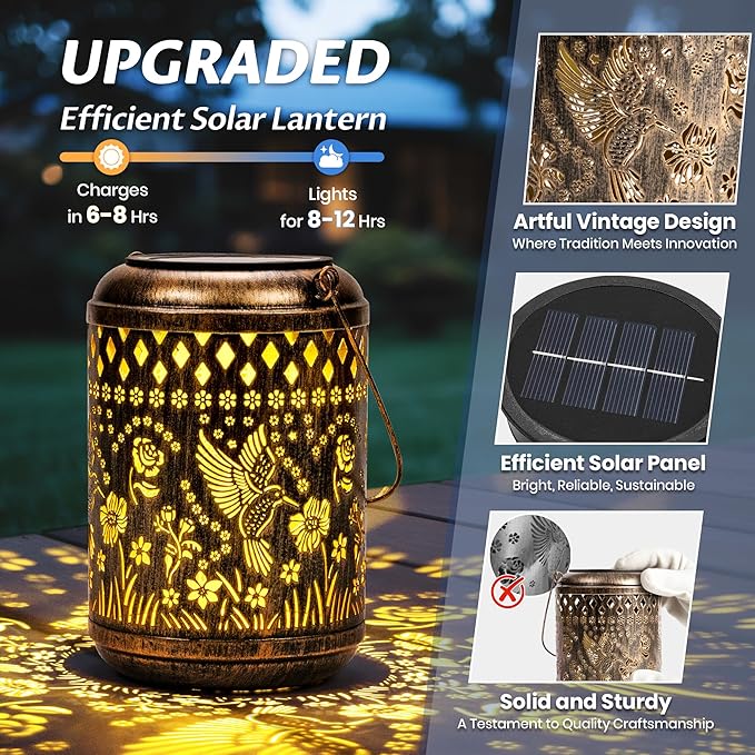 Hummingbird Gardening Gifts Outdoor Solar Lanterns, 2 Pack Garden Decor for Outside, Hanging Solar Lanterns Decorative Gifts for Women Birthday Unique Vintage Table Metal Lights for Yard, Balcony