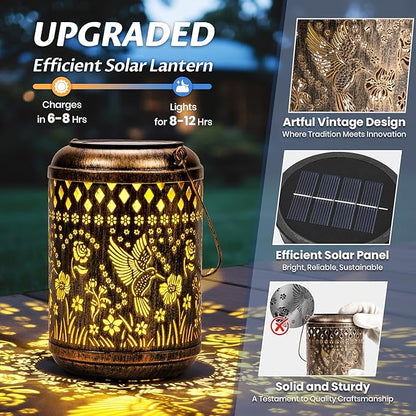 Hummingbird Gardening Gifts Outdoor Solar Lanterns, 2 Pack Garden Decor for Outside, Hanging Solar Lanterns Decorative Gifts for Women Birthday Unique Vintage Table Metal Lights for Yard, Balcony