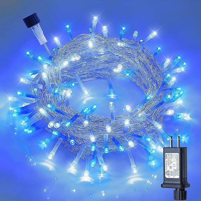 Hopolon Blue and White Christmas Lights Outdoor,33FT 100 Led Plug in Fairy String Lights Clear Wire,8 Modes Waterproof Christmas Tree Light for Indoor Outside Bedroom Party Wedding,100 LED,Blue White