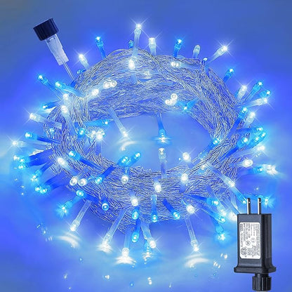 Hopolon Blue and White Christmas Lights Outdoor,33FT 100 Led Plug in Fairy String Lights Clear Wire,8 Modes Waterproof Christmas Tree Light for Indoor Outside Bedroom Party Wedding,100 LED,Blue White