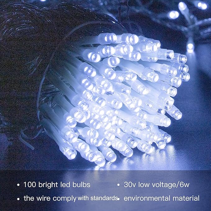 Hopolon 100 LED White Christmas String Lights, 33 FT Extendable Christmas Lights Outdoor Waterproof, 8 Modes Plug in Fairy Light Indoor for Tree Wedding Party Garden Patio Decoration,100 LED,White