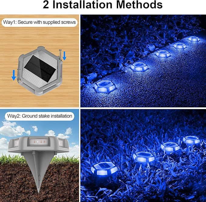 Solar Dock Lights Driveway Deck Lights - 12 Packs Waterproof Outdoor LED Aluminum Dock Lighting Warning Step Light for Driveway Sidewalk Garden Pathway Yard (Blue)