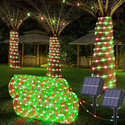 Solar Rope Lights Outdoor, 2-Pack 66ft Total, 200 LED 8-Mode Waterproof String Tube Lights for Garden & Patio, Red & Green