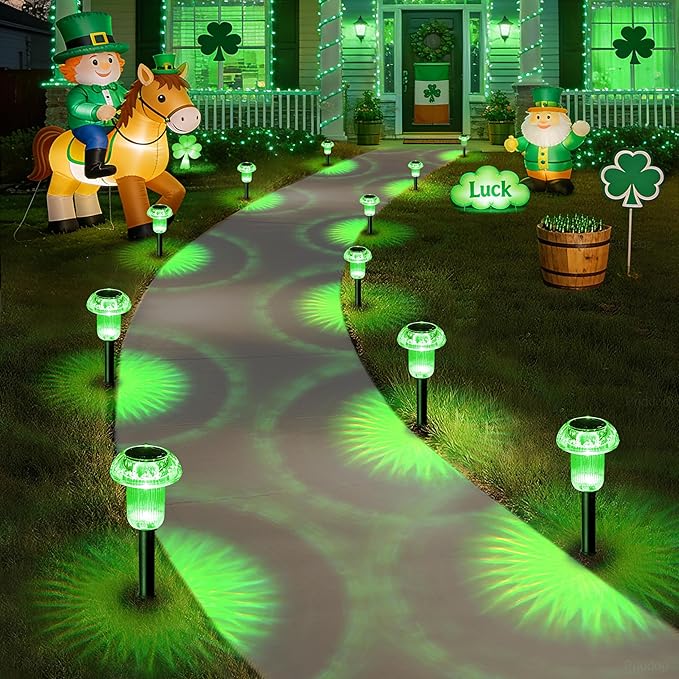 St. Patrick's Day Solar Lights Outdoor 8 Pack Green Solar Pathway Lights Outdoor Mushroom LED Waterproof Lighting Stake for Outside, Yard, Path, Garden, Lawn, Patio, Landscape Decorations