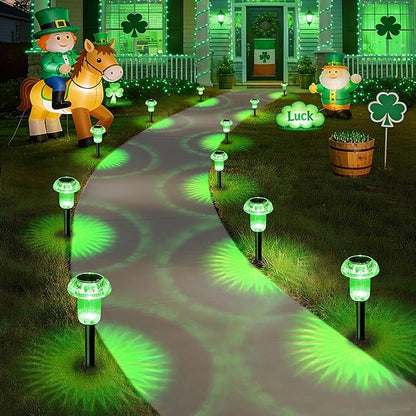 St. Patrick's Day Solar Lights Outdoor 8 Pack Green Solar Pathway Lights Outdoor Mushroom LED Waterproof Lighting Stake for Outside, Yard, Path, Garden, Lawn, Patio, Landscape Decorations