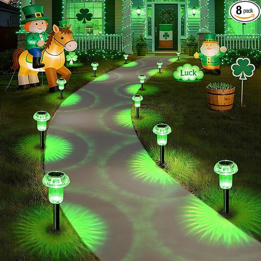 St Patricks Day Decorations Solar Lights Outdoor Pathway Waterproof 8 Pack Green LED Green Stake Acrylic Mushroom Decorative Garden Lights for Yard Landscape Patio Outside