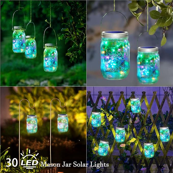 SmilingTown 30 LED 10 Packs Solar Mason Jar Lights [Updated] Fairy Firefly Jar Lids String Lights with Hangers Waterproof Patio Yard Garden Wedding Party Decoration - Colorful (NO Jars)