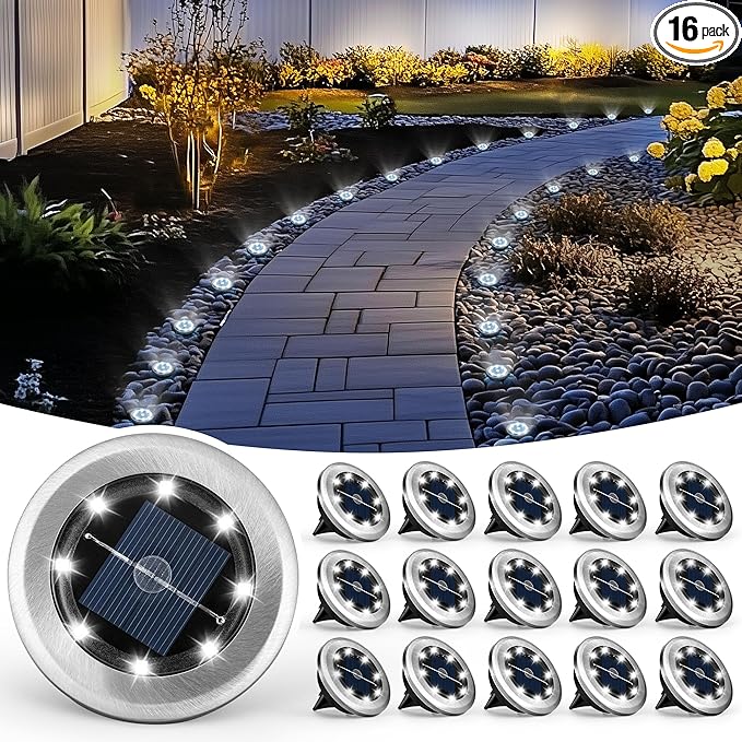 16-Pack Cool White Flat Solar Garden Lights, Waterproof LED