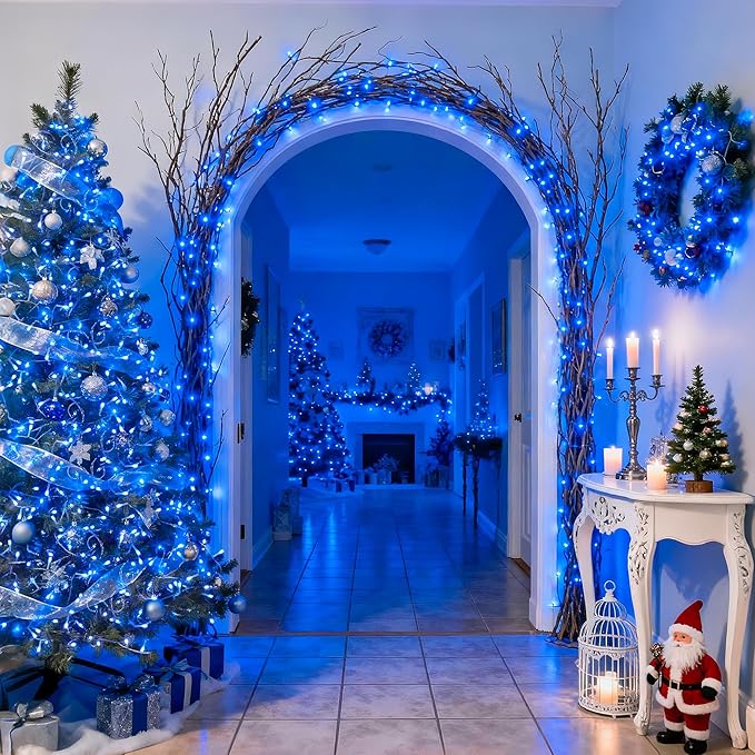 JMEXSUSS 33ft 100 LED Blue Christmas Tree Lights, Battery Operated Christmas Lights with 8 Modes Remote Waterproof Outdoor Indoor for Halloween Christmas Outside Decorations (Pack of 2)
