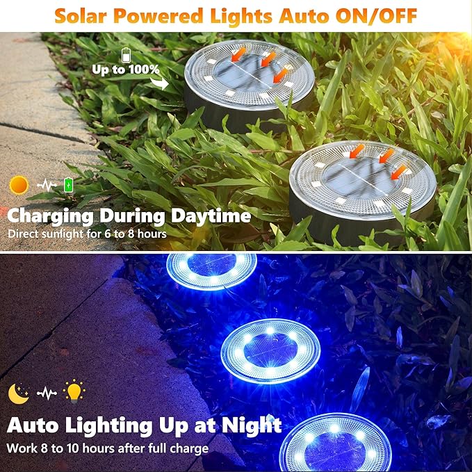 Joomer Solar Ground Lights, 12 Pack 8 LED Solar Lights Outdoor Waterproof IP68 Disc Light Landscape Lighting Garden Light for Patio Pathway Lawn Yard Driveway Walkway(Blue)