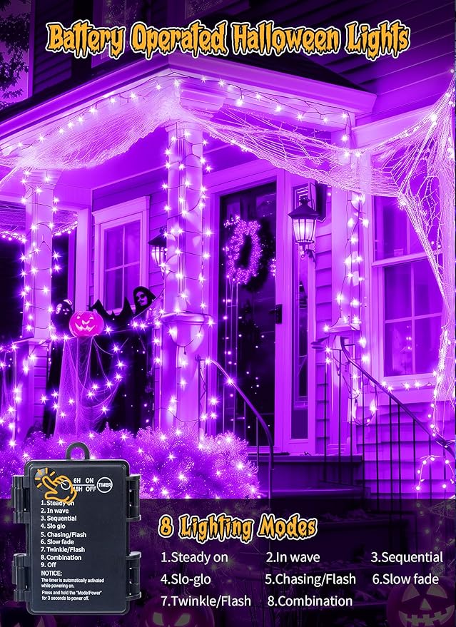 4-Pack 132ft Halloween LED String Lights, Waterproof Timer Lights