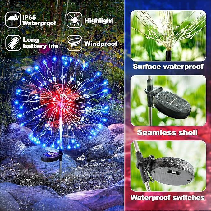 Anordsem Solar Lights Outdoor Waterproof: Garden Light Solar Powered for Yard Outside - LED Sparkler Fireworks Colorful Lighting Patio Decor 6 Pack - Gardening Gifts for Women Men Gardener