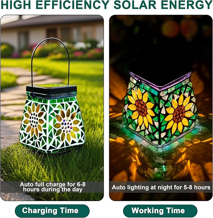 VOREEN Mosaic Solar Table Lamp & Hanging Lantern, 600mAh Battery, Warm White & RGB, 8–10 Hour Night Lighting, IP44 Waterproof, Outdoor Patio Garden Balcony Decor & Holiday Cozy Light