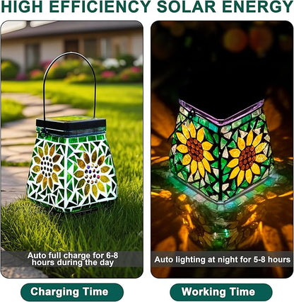 VOREEN Mosaic Solar Table Lamp & Hanging Lantern, 600mAh Battery, Warm White & RGB, 8–10 Hour Night Lighting, IP44 Waterproof, Outdoor Patio Garden Balcony Decor & Holiday Cozy Light