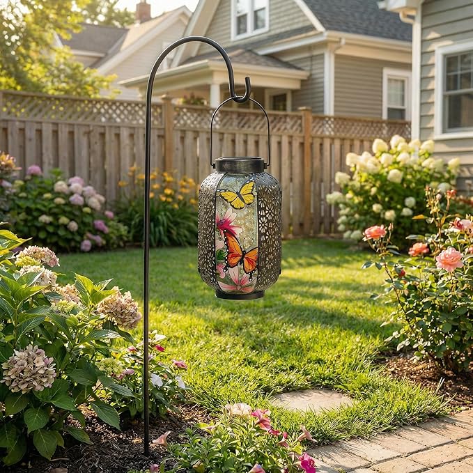 Solar Butterflies Lantern Outdoor Hanging Garden Decor – Waterproof Metal & Stained Glass Light with Handle Decorative Retro Yard Art for Patio, Porch, Table, Pathway – Gardening Gift for Mom & Women