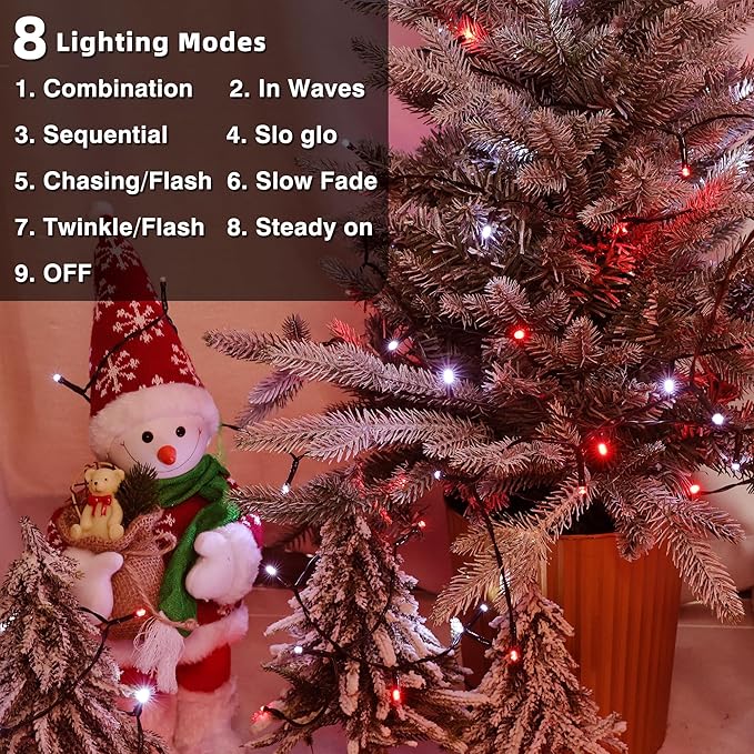Lomotech Battery Operated Christmas Lights - 4 Pack Total 66ft 200LEDs String Lights 8 Modes Waterproof with Timer for Home, Garden, Party, Holiday, Tree Decoration (Green Wire, Red & White）