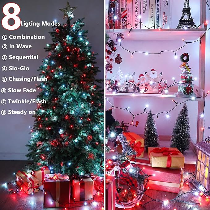 Joomer Battery Christmas Lights, 66ft 200LED Fairy Lights Battery Operated Timer 8 Modes Waterproof for Outdoor Home Garden Party Holiday Christmas Trees Decoration (Red White)